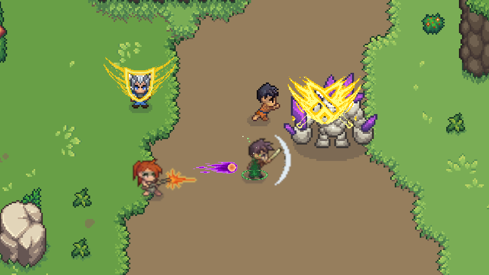 Un grupo de jugadores (luchador, espadachín, valquiria y mago) contra un gólem